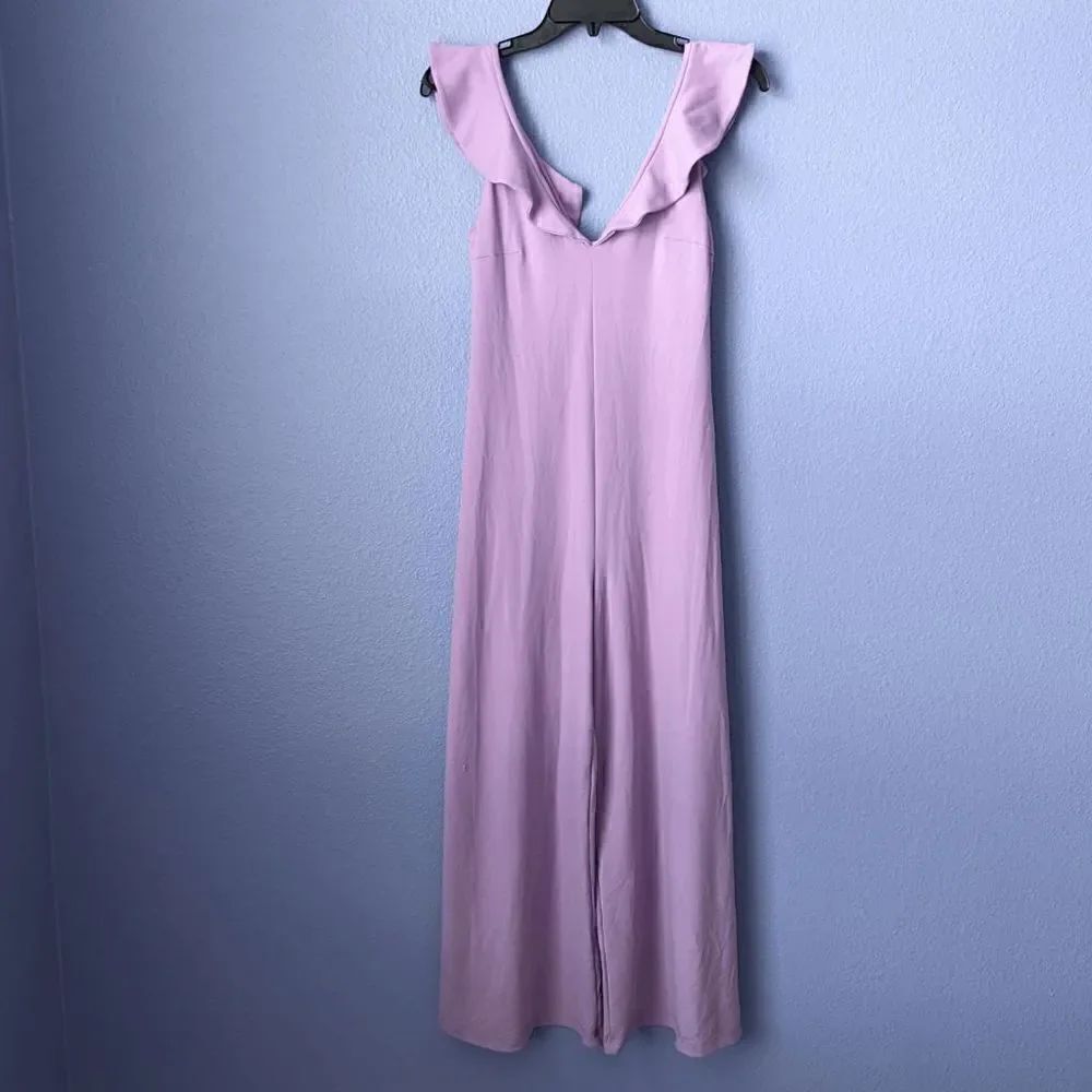 NWT Susana Monaco Violet Jumpsuit Ruffle Shoulder Wide Leg Stretch Nylon Spandex